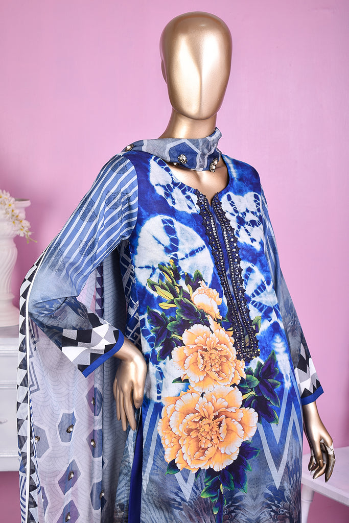 NE-05 - 3 Pc Unstitched Digital Embroidered Lawn Dress With Digital Bamber Chiffon Dupatta (Sequence 3D Work On Dupatta)