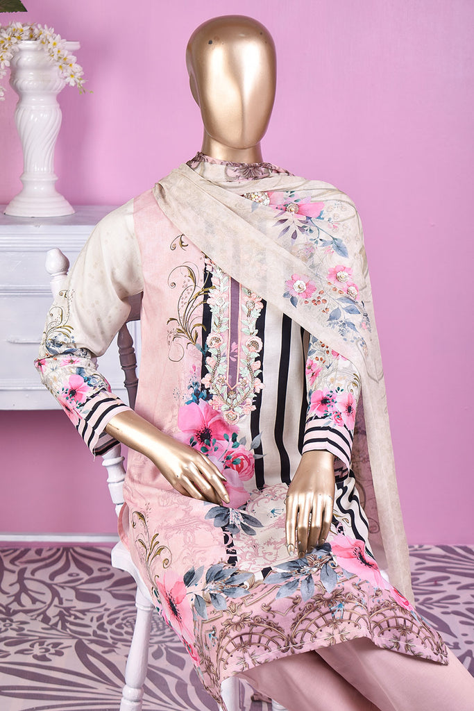 NE-06 - 3 Pc Unstitched Digital Embroidered Lawn Dress With Digital Bamber Chiffon Dupatta (Sequence 3D Work On Dupatta)