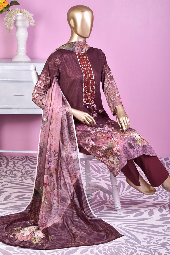 NE-08 - 3 Pc Unstitched Digital Embroidered Lawn Dress With Digital Bamber Chiffon Dupatta (Sequence 3D Work On Dupatta)