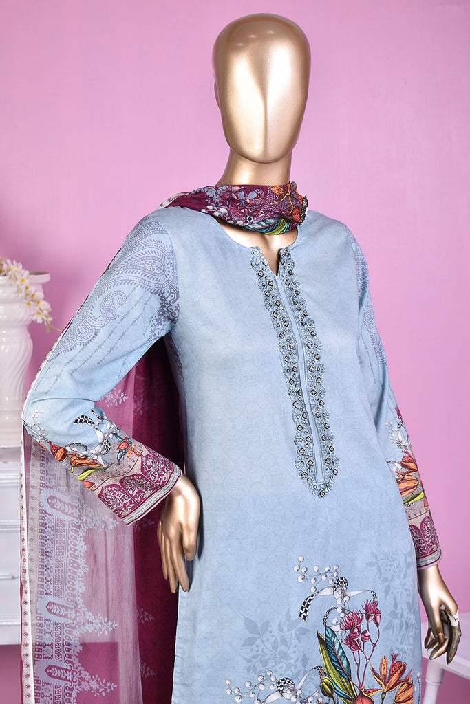 NE-09 - 3 Pc Unstitched Digital Embroidered Lawn Dress With Digital Bamber Chiffon Dupatta (Sequence 3D Work On Dupatta)