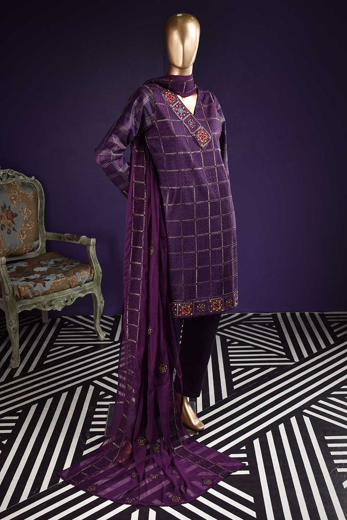 Needle Match (SC-121A-Purple) Embroidered & Printed Un-Stitched Cambric Dress With Embroidered Chiffon Dupatta