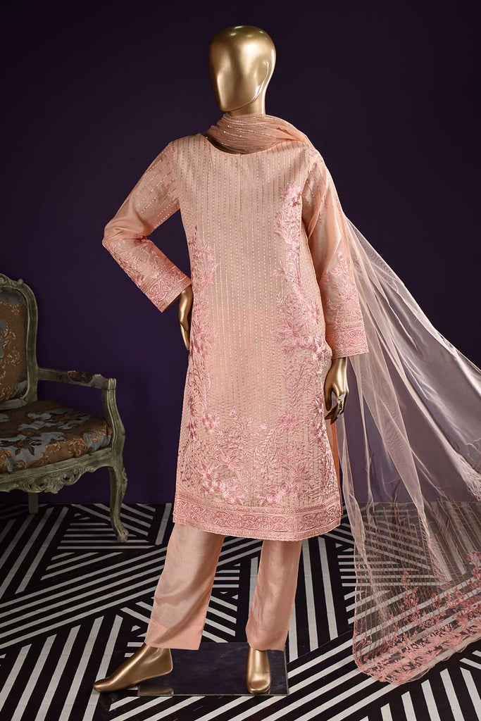 Organza Paradise (SC-122A-Peach) Embroidered & Printed Un-Stitched Organza Dress With Embroidered Net Dupatta