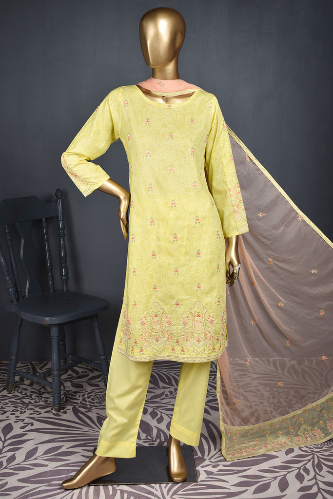 Paisley (SC-152A-Yellow) Embroidered & Printed Un-Stitched Cotton Dress With Embroidered Chiffon Dupatta