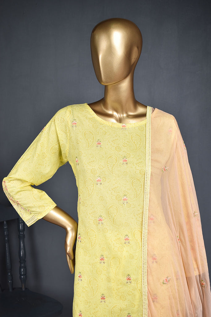 Paisley (SC-152A-Yellow) Embroidered & Printed Un-Stitched Cotton Dress With Embroidered Chiffon Dupatta