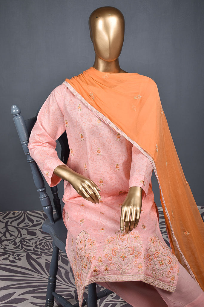 Paisley (SC-152B-Pink) Embroidered & Printed Un-Stitched Cotton Dress With Embroidered Chiffon Dupatta