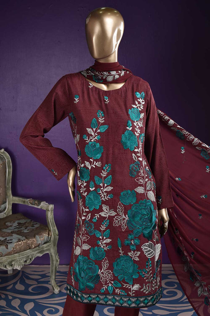 Pastry Garden (RS-03A-Maroon) Embroidered & Printed Un-Stitched Raw Silk Dress With Embroidered Chiffon Dupatta