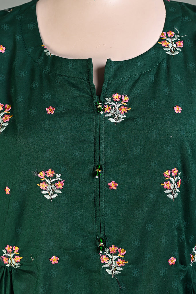 SC-238B-Green - Polka Flowers | 3Pc Cotton Embroidered & Printed Dress