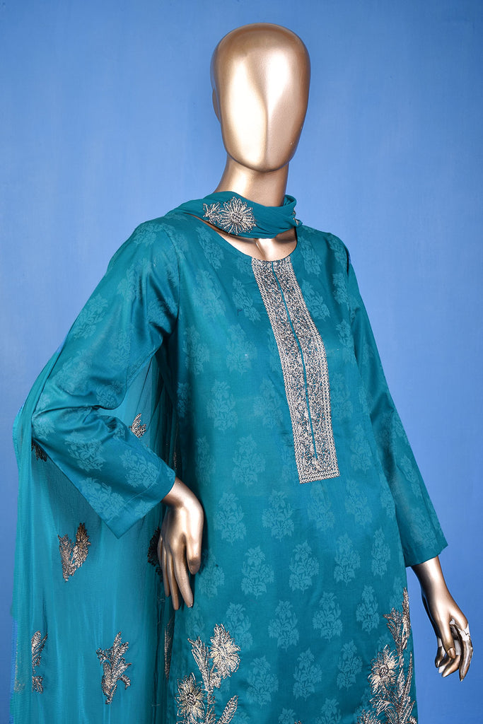 Princess (SC-157A-Blue) Embroidered & Printed Un-Stitched Cotton Dress With Embroidered Chiffon Dupatta