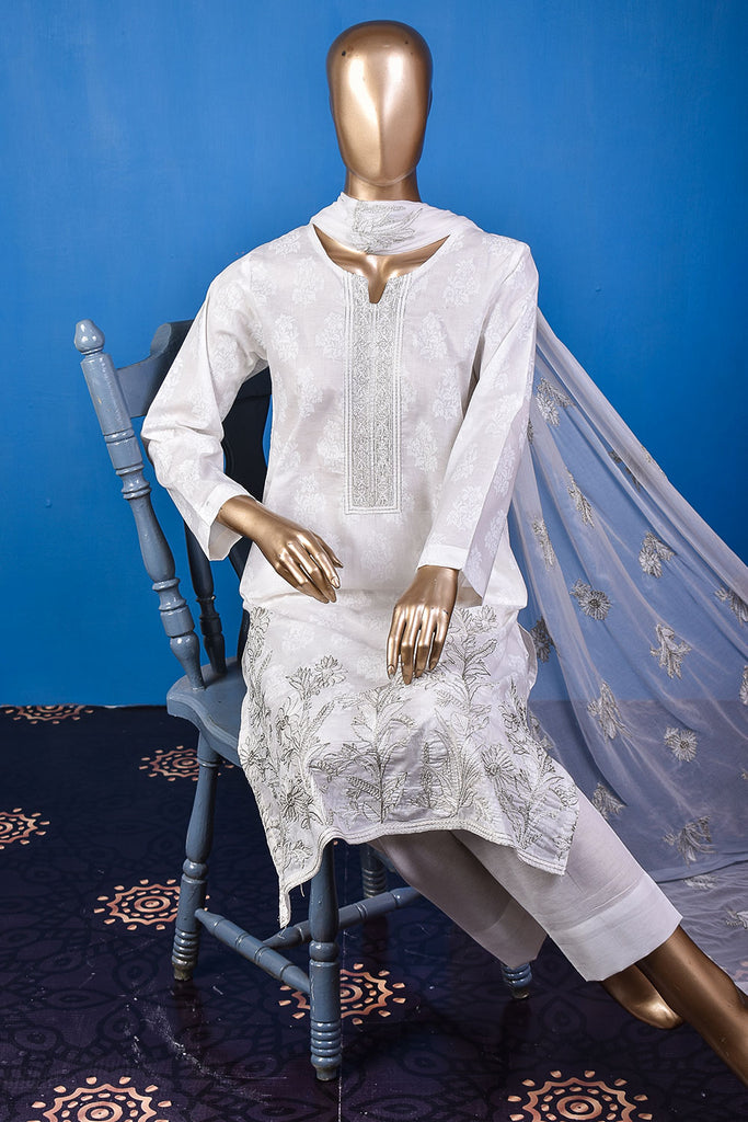 Princess (SC-157B-White) Embroidered & Printed Un-Stitched Cotton Dress With Embroidered Chiffon Dupatta