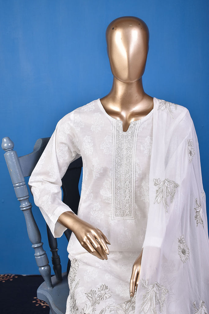 Princess (SC-157B-White) Embroidered & Printed Un-Stitched Cotton Dress With Embroidered Chiffon Dupatta