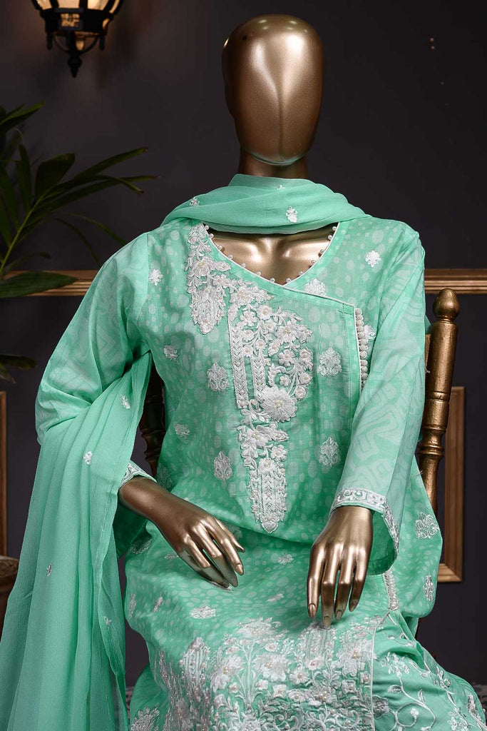 Glowing Iris  (R19-C39-SeaGreen) - Lawn Semi-stitched Embroidered Dress