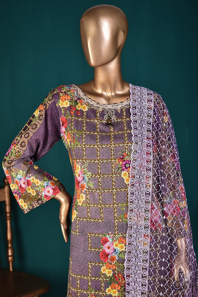 3 Pc Semi-Stitched Digital Printed Embrodiered Dress with Chikankari Net Dupatta & Cotton Trouser  - (R21-C237-Pyazi)