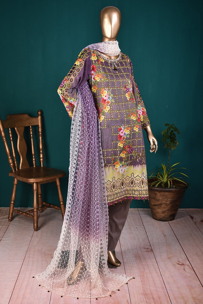 3 Pc Semi-Stitched Digital Printed Embrodiered Dress with Chikankari Net Dupatta & Cotton Trouser  - (R21-C237-Pyazi)