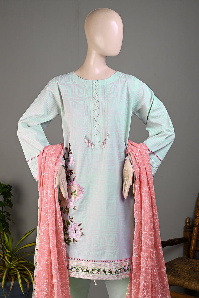 Retro Mist (SC-167B-SkyBlue) Embroidered & Printed Un-Stitched Cotton Dress With Embroidered Chiffon Dupatta