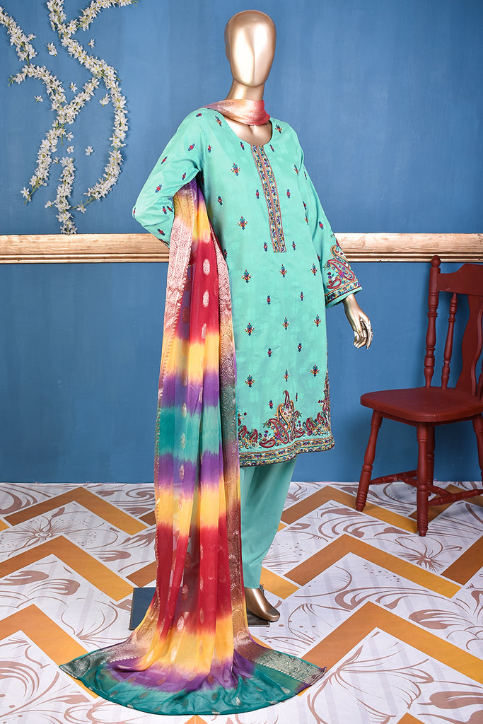 Rainbow Diary (SC-165A-SeaGreen) Embroidered & Printed Un-Stitched Cotton Dress With Printed Chiffon Banarsi Dupatta