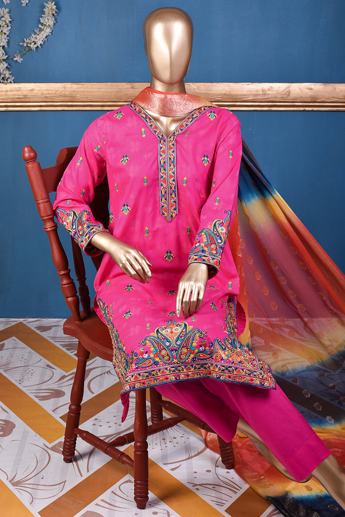 Rainbow Diary (SC-165B-Fuchsia) Embroidered & Printed Un-Stitched Cotton Dress With Printed Chiffon Banarsi Dupatta