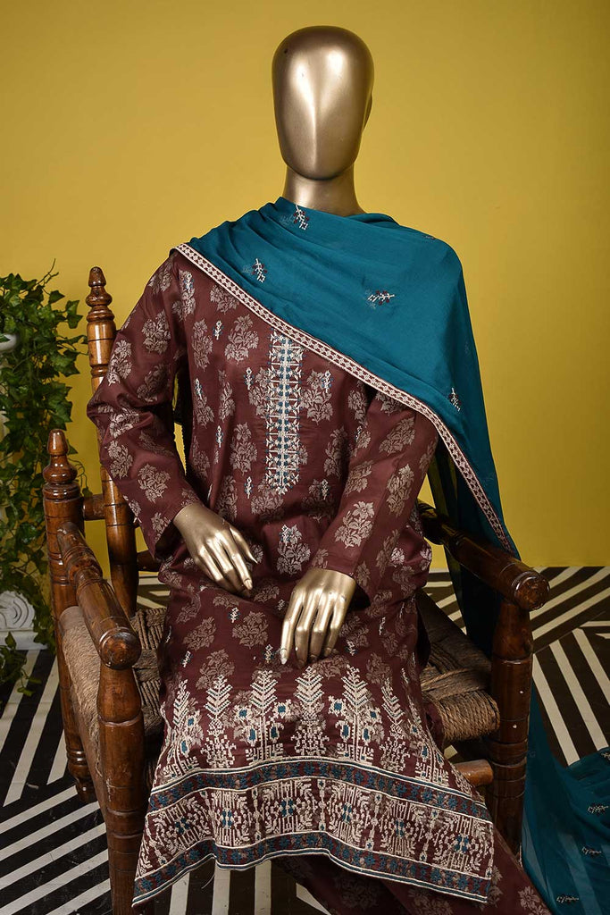 Rocket X (SC-128B-Maroon) Embroidered & Printed Un-Stitched Cambric Dress With Embroidered Chiffon Dupatta
