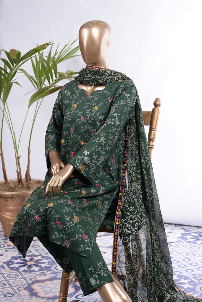 Rose Petals (SC-71C-Green) Embroidered Un-Stitched Cambric Dress With Embroidered Chiffon Dupatta