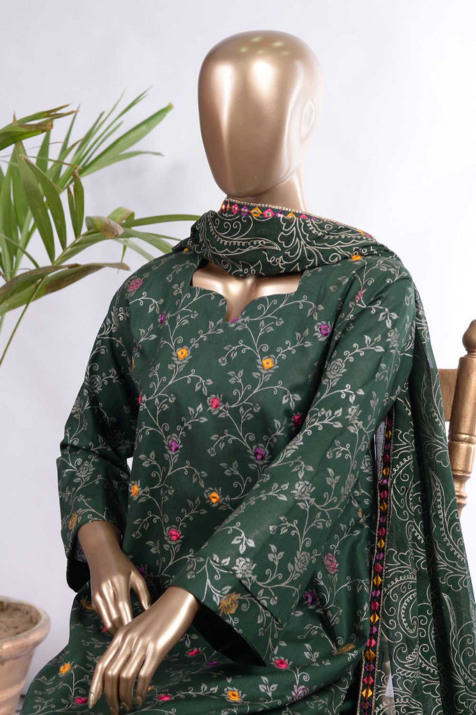 Rose Petals (SC-71C-Green) Embroidered Un-Stitched Cambric Dress With Embroidered Chiffon Dupatta