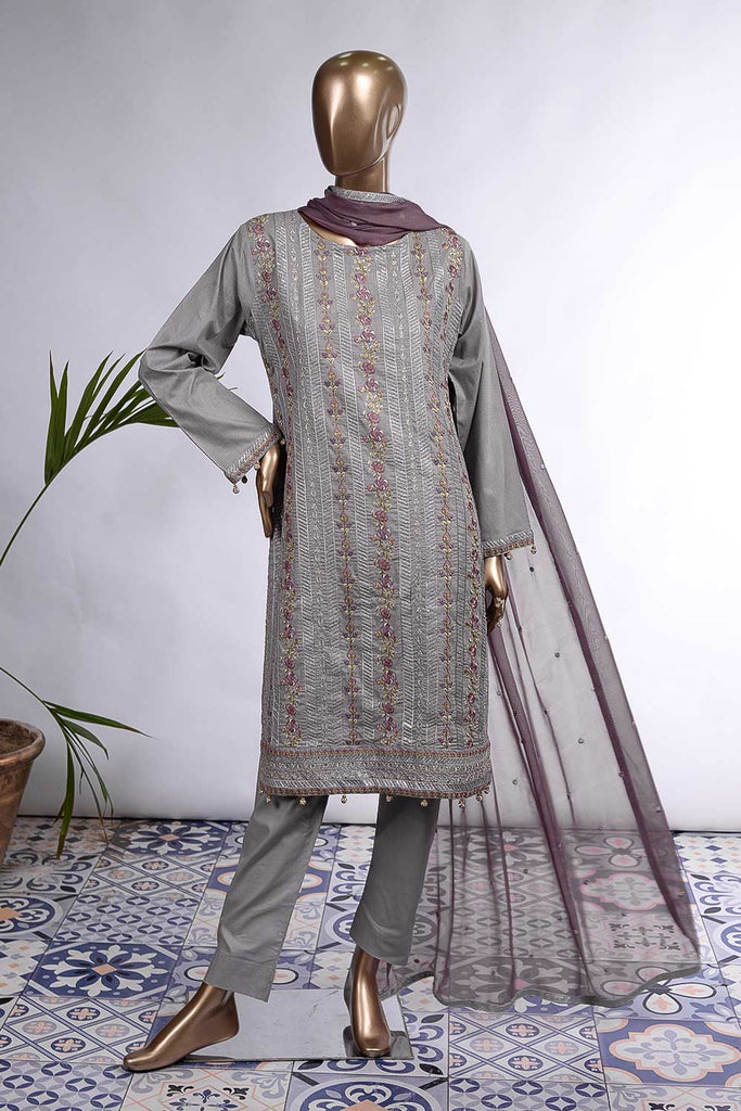 Roses Appeal (SC-77A-Light Grey) Embroidered Cambric Dress with Embroidered Chiffon Dupatta