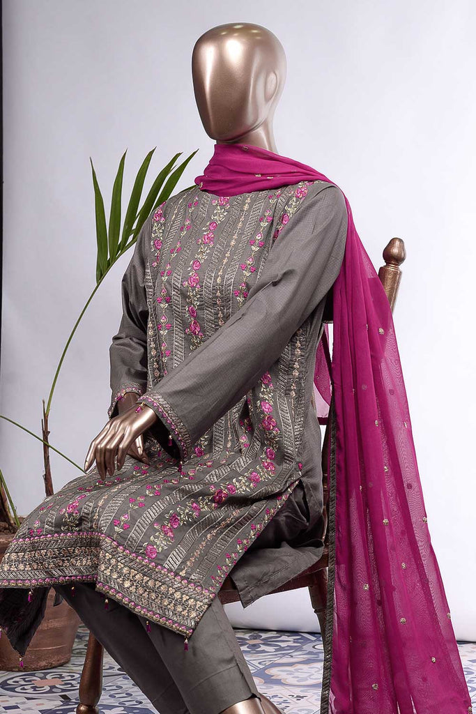 Roses Appeal (SC-77B-Grey) Embroidered Cambric Dress with Embroidered Chiffon Dupatta