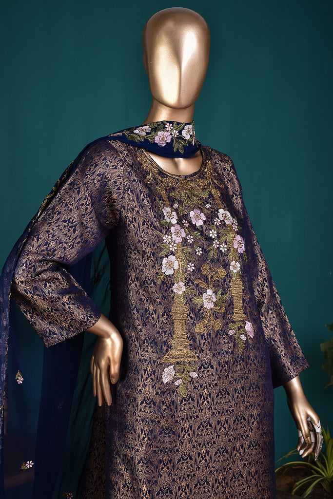Royal Diva (SC-185B-Navy Blue) 3Pc Embroidered & Printed Un-Stitched & Banarsi Lawn Fabric With Embroidered Chiffon Dupatta