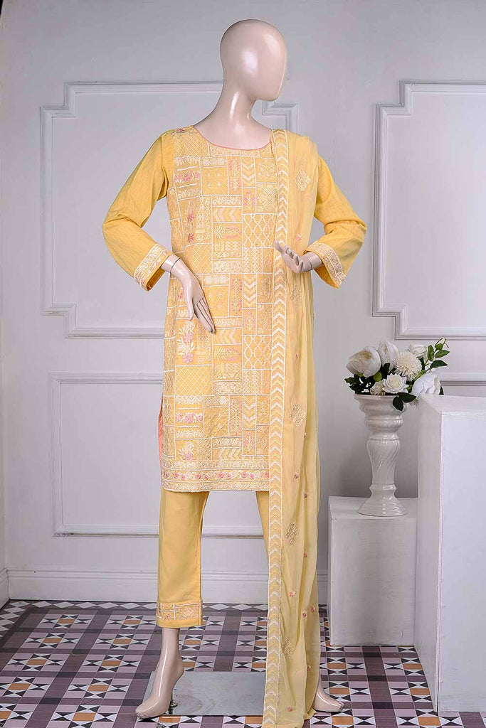 Galaxy (SC-14A-Yellow) Embroidered Un-Stitched Cambric Dress With Chiffon Dupatta