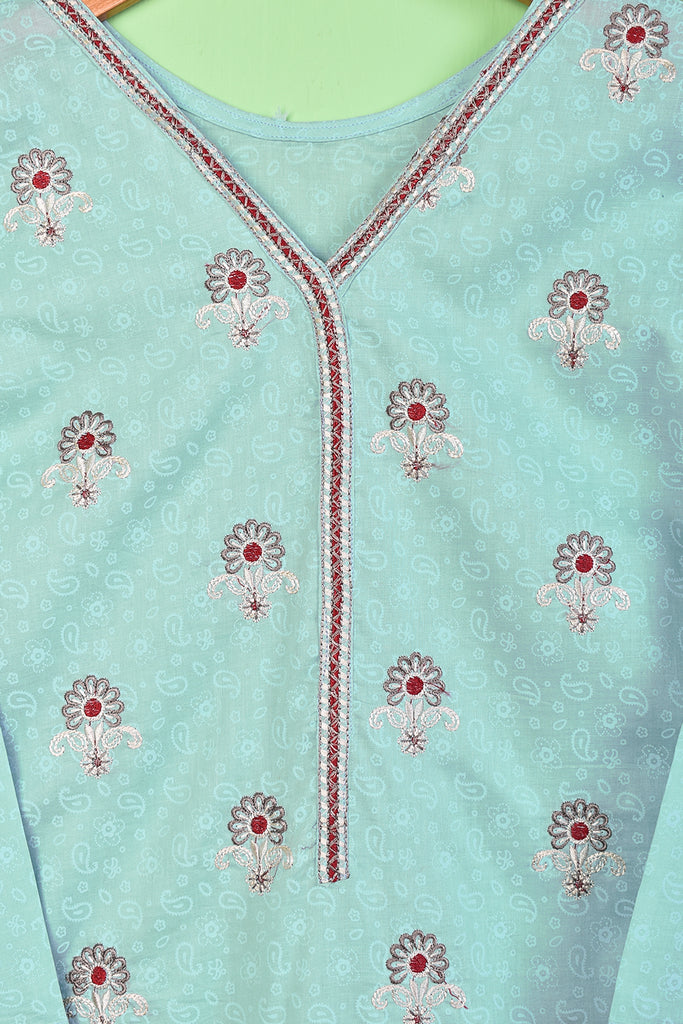 Classic (SC-168D-LightBlue) Embroidered & Printed Un-Stitched Cotton Dress With Embroidered Chiffon Dupatta