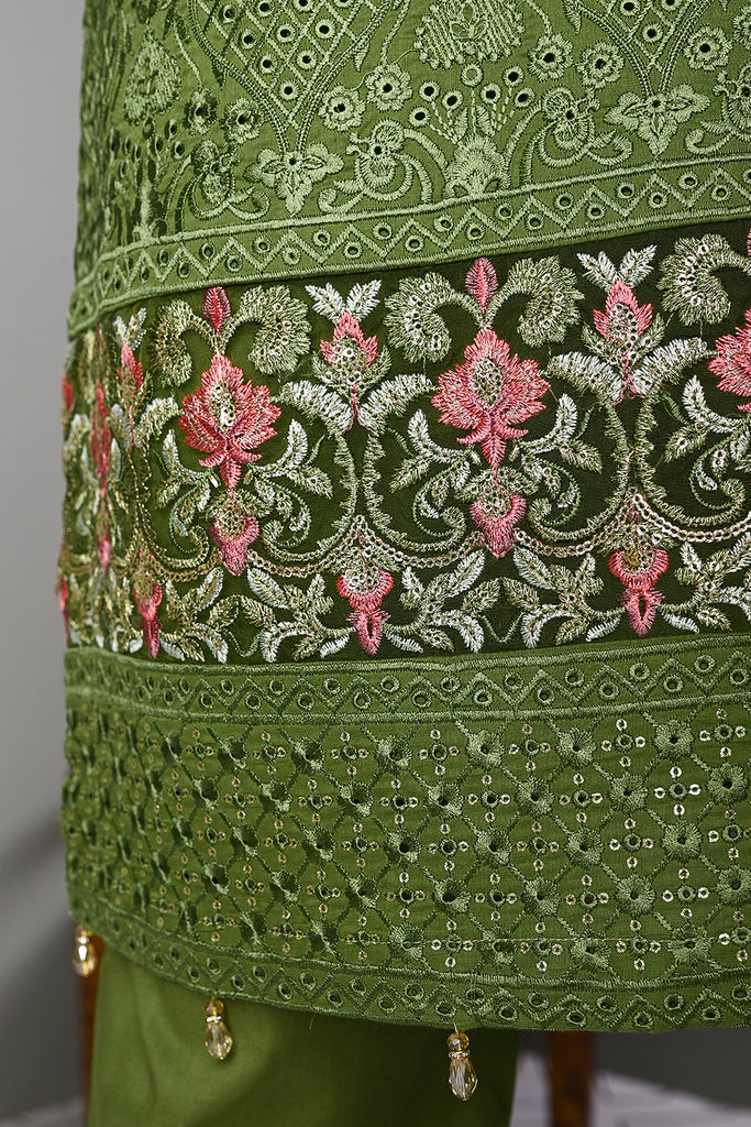 SC-184C-Green - Aqs-e-junoon - Chikankari Embroidered & Printed Un-Stitched Cotton Dress