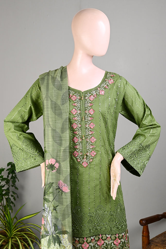SC-184C-Green - Aqs-e-junoon - Chikankari Embroidered & Printed Un-Stitched Cotton Dress