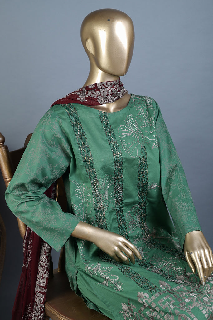 SC-92D-Green - Sadabahar | 3Pc Cotton Embroidered & Printed Dress
