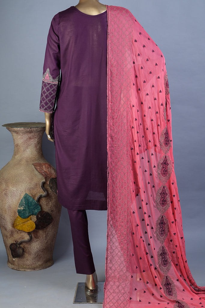 Fruit Gala (SC-186A-Purple) 3Pc Embroidered & Printed Un-Stitched Summer Fabirc Dress With Embroidered Chiffon Dupatta