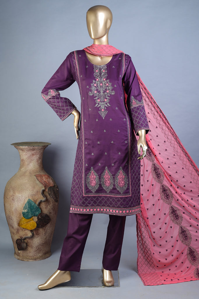Fruit Gala (SC-186A-Purple) 3Pc Embroidered & Printed Un-Stitched Summer Fabirc Dress With Embroidered Chiffon Dupatta