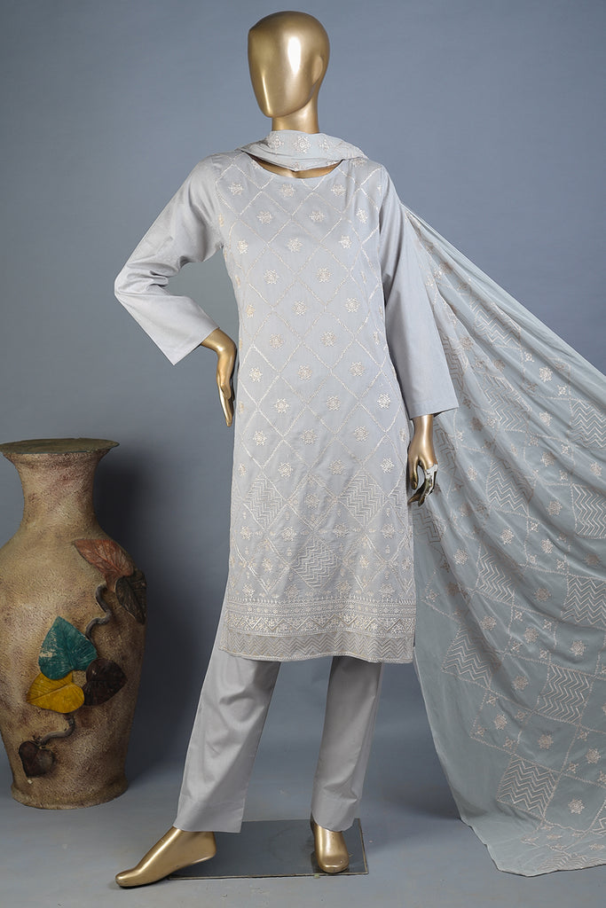 SC-187A-Grey - Web Tangle | 3Pc Cotton Embroidered & Printed Dress