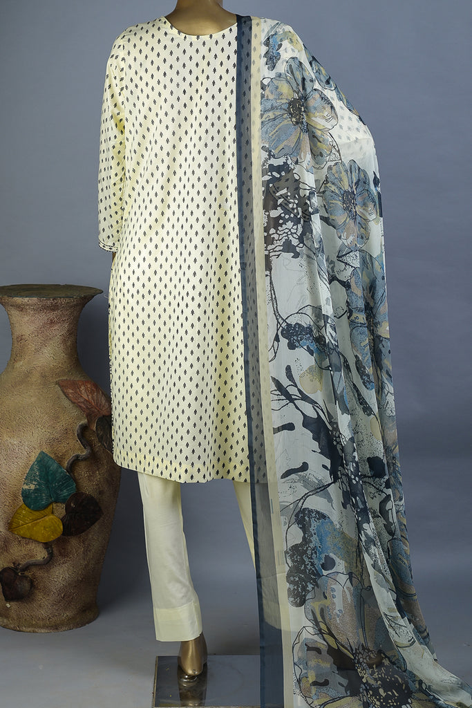 SC-188A-Cream - Lavish | 3Pc Embroidered & Printed Un-Stitched Summer Fabirc Dress With Embroidered Chiffon Dupatta