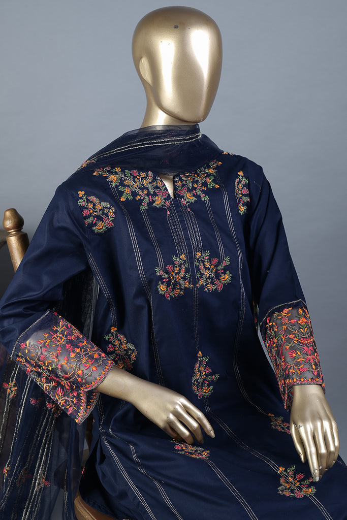 Noor (SC-193B-Navy Blue) 3Pc Embroidered & Printed Un-Stitched Summer Fabirc Dress With Embroidered Chiffon Dupatta