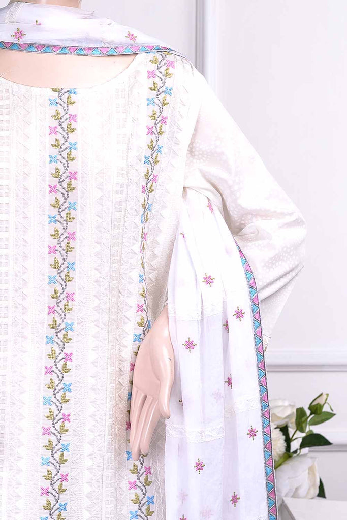 Frontline (SC-21B-White) Embroidered Un-Stitched Cambric Dress With Embroidered Chiffon Dupatta