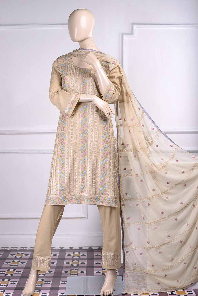 Frontline (SC-21A-Skin) Embroidered Un-Stitched Cambric Dress With Embroidered Chiffon Dupatta