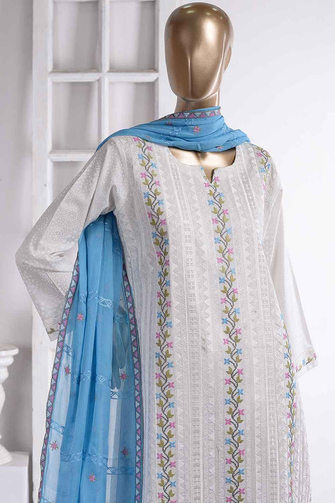 Frontline (SC-21C-White) Embroidered Un-Stitched Cambric Dress With Embroidered Chiffon Dupatta