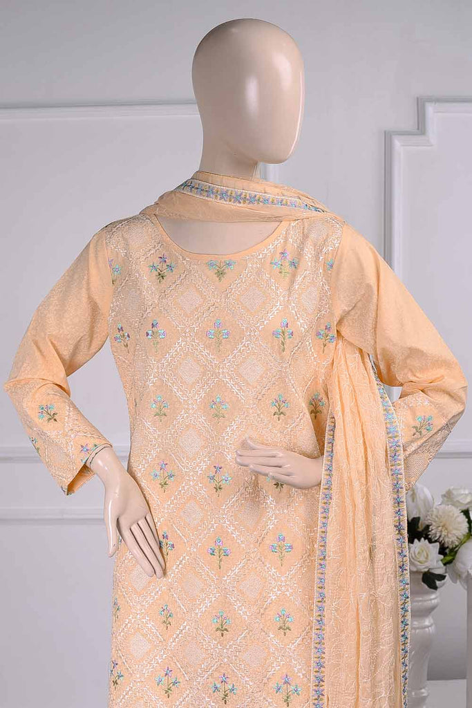 Chikan Marble (SC-22A-Peach) Embroidered Un-Stitched Cambric Dress With Chiffon Dupatta