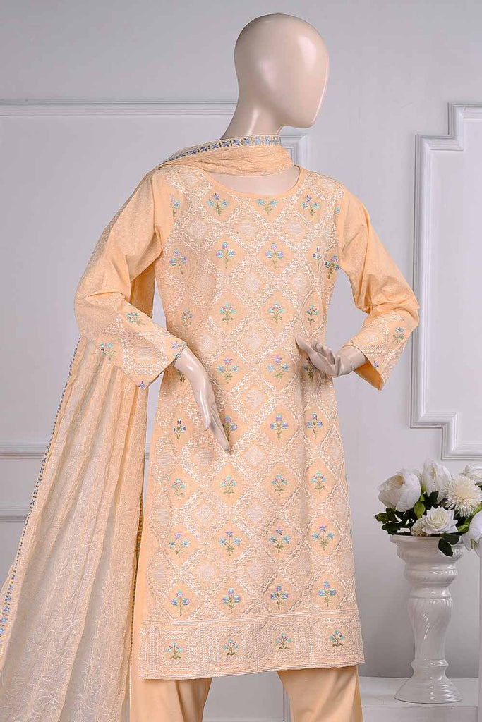 Chikan Marble (SC-22A-Peach) Embroidered Un-Stitched Cambric Dress With Chiffon Dupatta