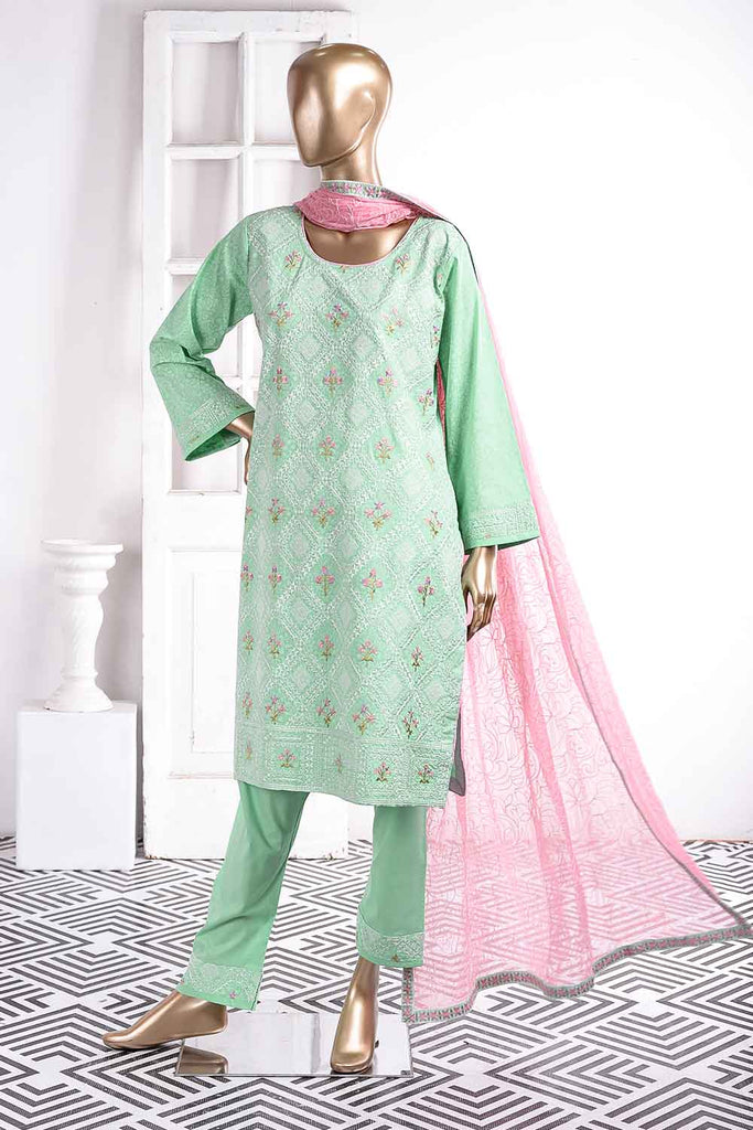 Chikan Marble (SC-22D-Pista ) Embroidered Un-Stitched Cambric Dress With Chiffon Dupatta