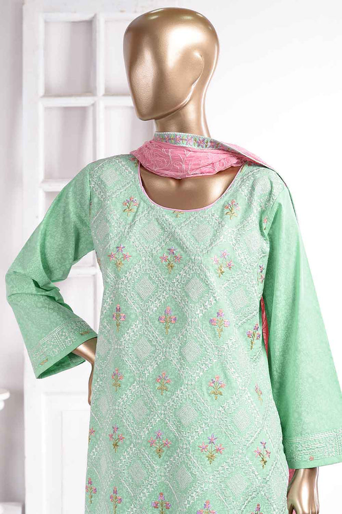 Chikan Marble (SC-22D-Pista ) Embroidered Un-Stitched Cambric Dress With Chiffon Dupatta