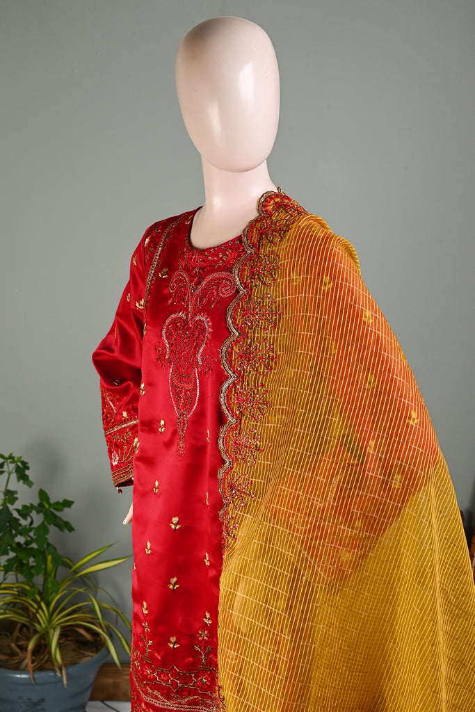 SSE-03C-Red - Muskaan | 3Pc Silk Embroidered & Printed Dress