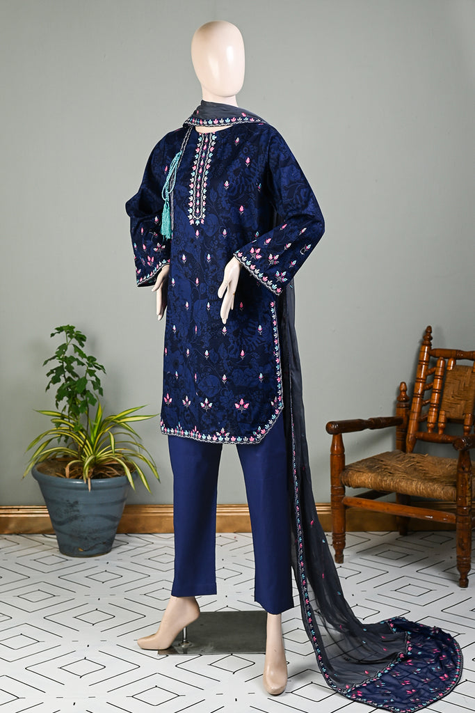 SC-240A-Blue - Multi Fire | 3Pc Cotton Embroidered & Printed Dress