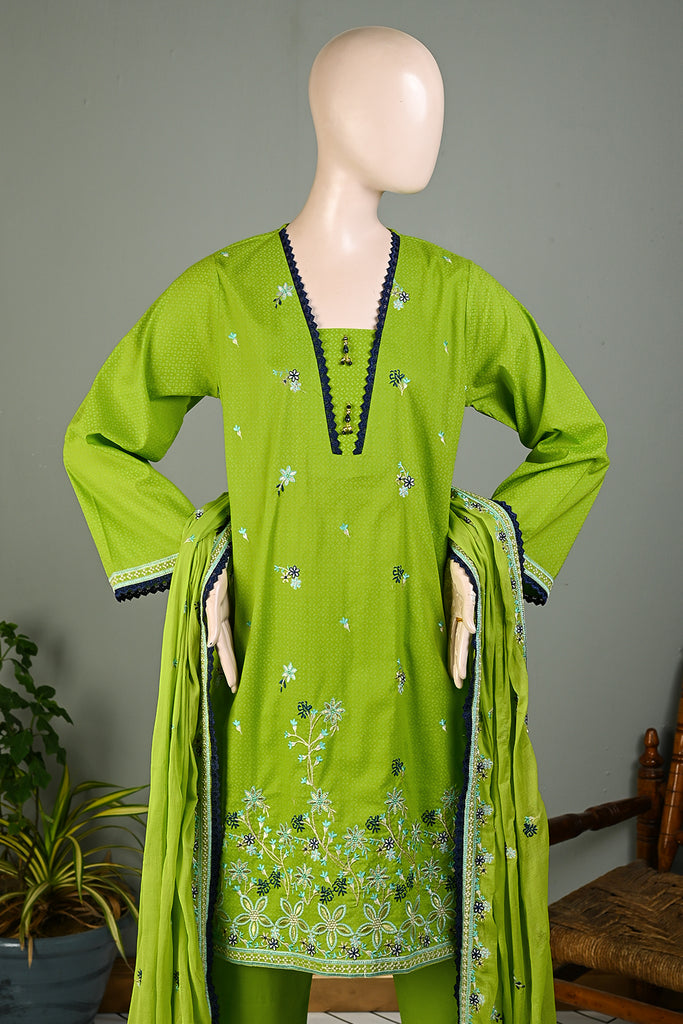 SC-241B-Green - Sitara | 3Pc Cotton Embroidered & Printed Dress