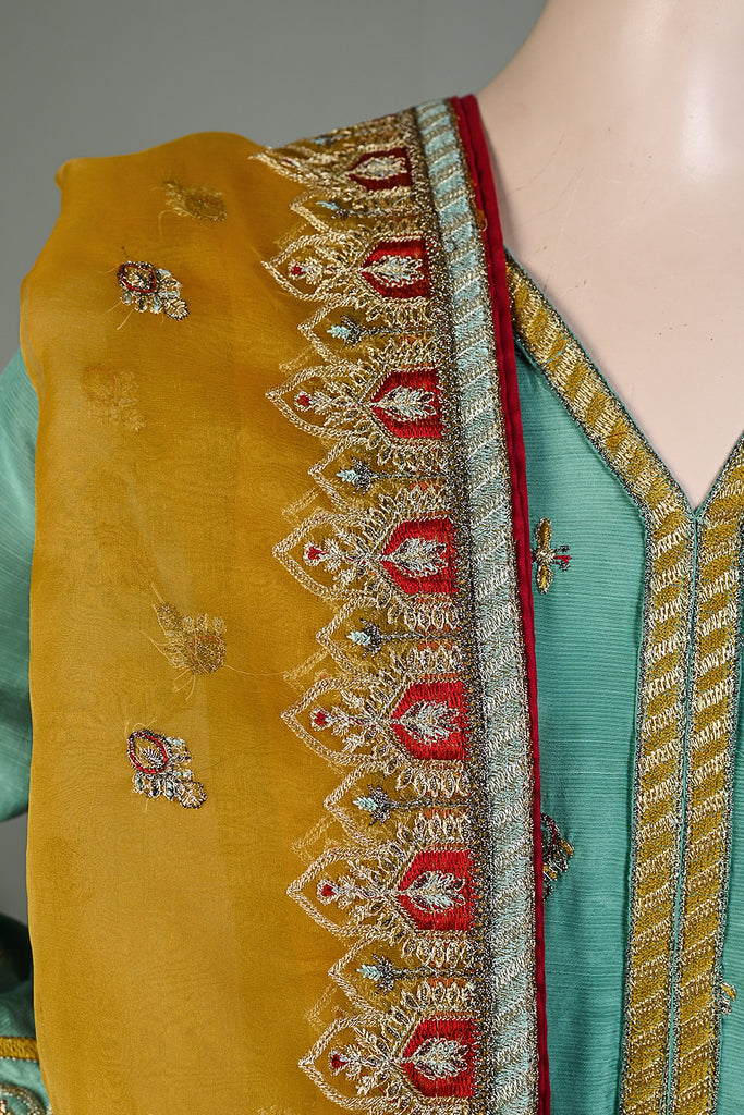 SC-242A-Cyan - Saahil | 3Pc Slub Viscose Embroidered & Printed Dress