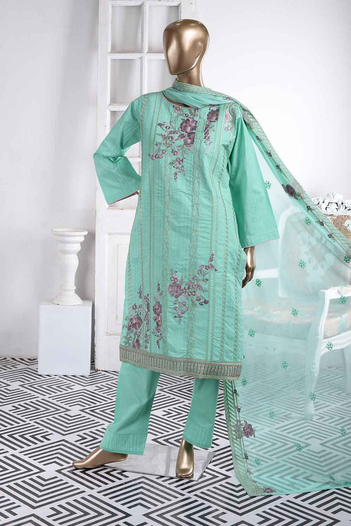 Salmon Delight (SC-33A-Light Green) Embroidered Un-Stitched Cambric Dress With Embroidered Chiffon Dupatta