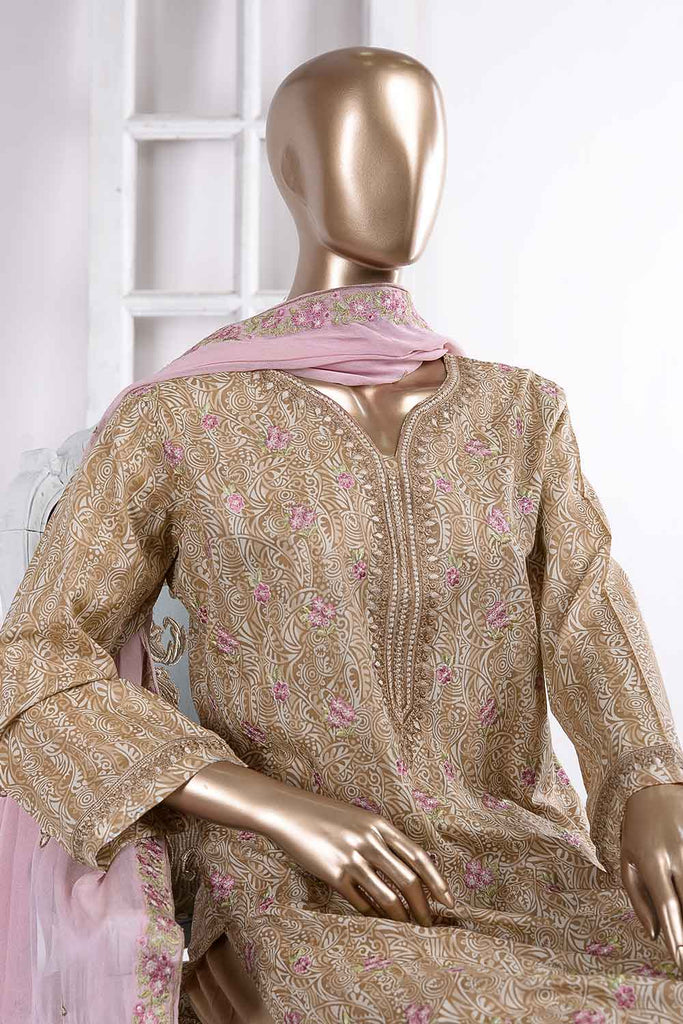 Shining Ray (SC-35A-Skin) Embroidered Un-Stitched Cambric Dress With Embroidered Chiffon Dupatta