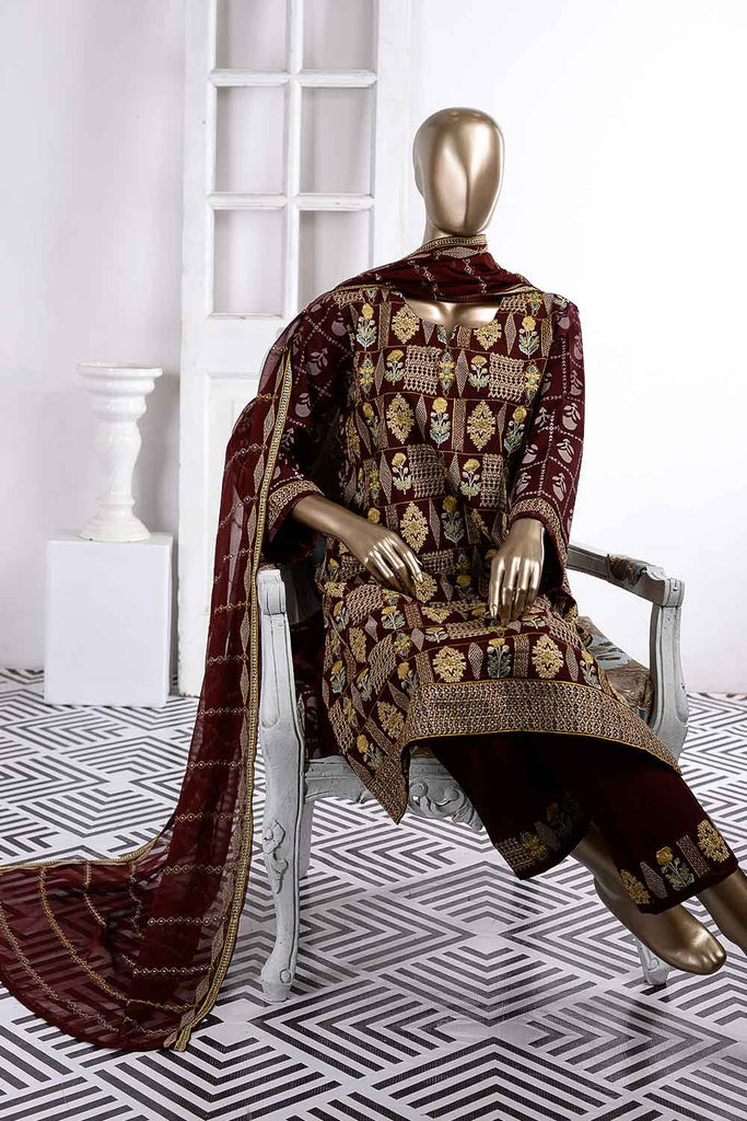 Grill (SC-39B-Maroon) Embroidered Cambric Dress with Embroidered Chiffon Dupatta